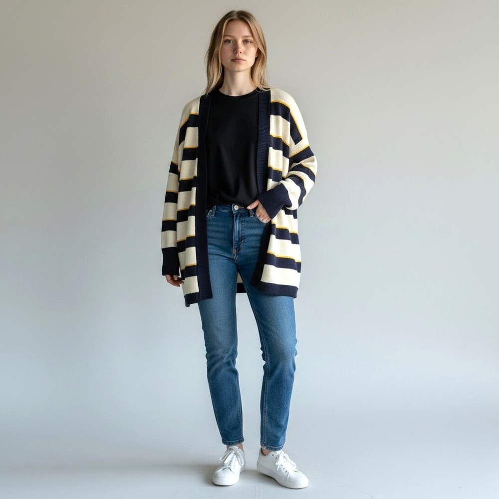 Vtg Leslie Fay Stripe Cardigan Size Large Oversized Grandpa Preppy Navy‎ Blue